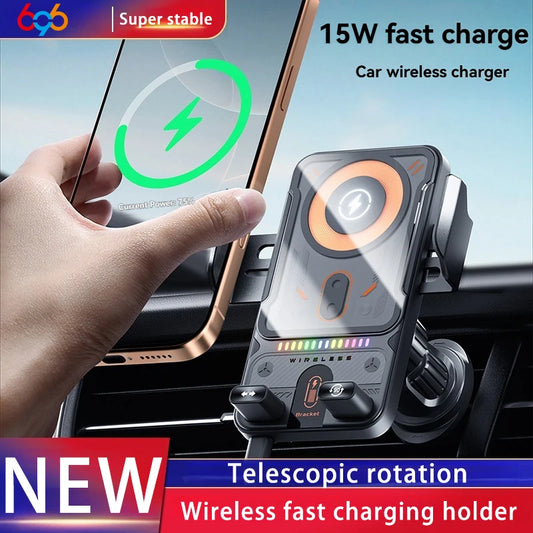 Car Holder With Dual Motor Electric Rotating Opening Closing Mobile Phone Holder 15W Wireless Fast Charging Car Phone Bracket